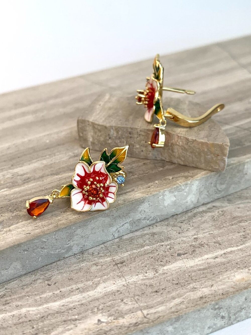 NEW ~ Anthropologie Enamel Flower Crystal Drop Lever Back Earrings - Picture 11 of 16
